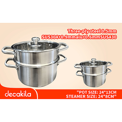 Stainless steel casserole with steamer 24*13Cm, 24*8Cm  (ឆ្នាំងចំហុយអ៊ីណុកក្រាស់)